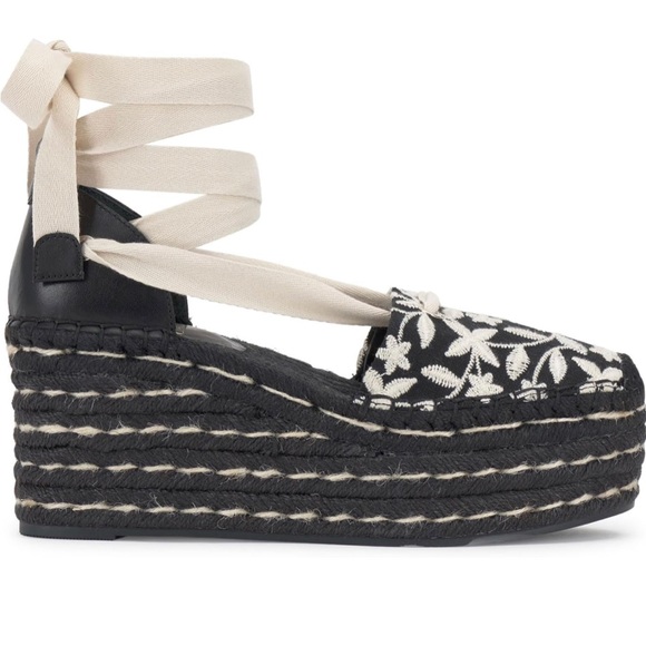 Vince Camuto Women’s Tishea Espadrille Wedge Sandals Black Cream Embroidered NWT - Picture 2 of 14